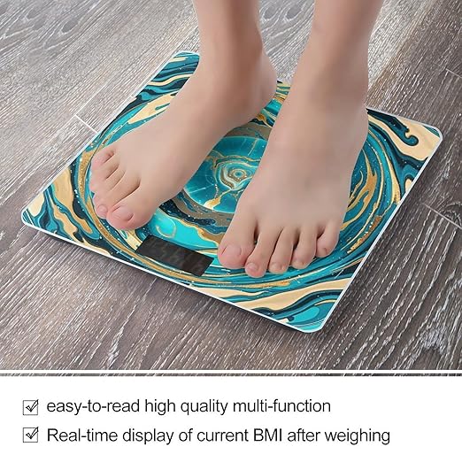 Turquoise Blue Gold Marble Scale for Body Weight Highly Accurate Digital Bathroom Body Scale Digital Bathroom Scales for People Anti-Slip Large LCD Display Smart Scales