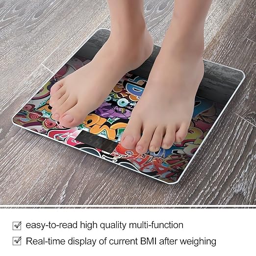 Graffiti Hip Hop Bathroom Scale Automatic Power On/Off Body Scales LCD Backlight Display Square Digital Scale Rounded Corners Bathroom Scales for Home Bedrooms