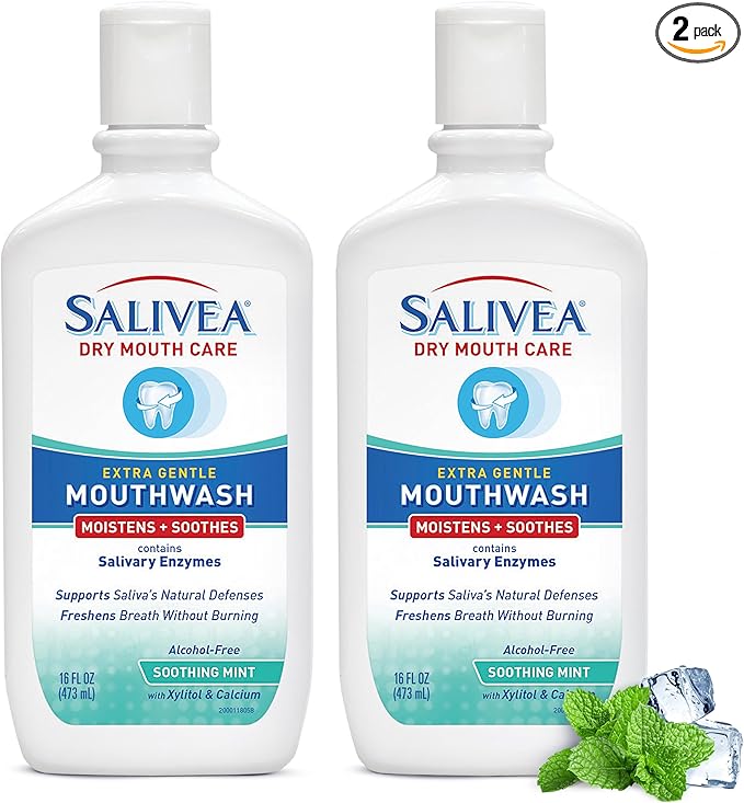 SALIVEA Dry Mouth Mouthwash - Soothing Mint Mouthwash with Natural Salivary Enzymes - Breath Freshener &amp Dry Mouth Care - Mint Flavor (2 Pack)