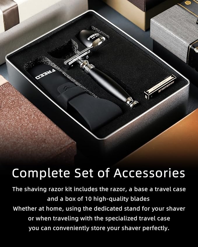 FREED Customized gifts Engraving Shaving Kit - Safety Razor with metal handle include razor base razor travel case and 10 bladesit's the best gift for men (Black)