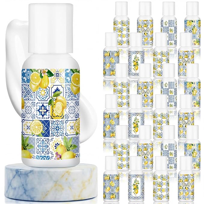Demissle 24 Pcs Amalfi Coast Party Decorations Travel Size Mini Sunscreen Bulk Spf 30+ Summer Capri Lemon Small Sunscreen for Wedding Bridal Shower Mediterranean Party Decor 1 Fl. oz