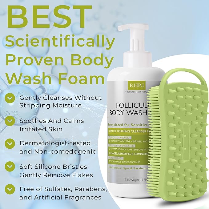 Folliculitis Treatment Folliculitis Body Wash Sensitive Skin | Foaming Cleanser for Redness &amp Irritation with No Sulfates Dyes or Parabens | Body Wash Includes Bonus Scrubber Brush