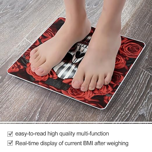 Skull in Flower Scale for Body Weight Anti-Slip Tempered Glass Digital Bathroom Scales Clear LCD Display Weighing Scale Safe Rounded Corners Smart Scales
