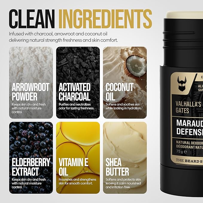 The Beard Struggle Natural Deodorant - Marauder’s Defense - 100% Natural Charcoal Infused Deodorant Men Aluminum Free - Gold Collection Valhalla's Gates - 2.65 oz.US.
