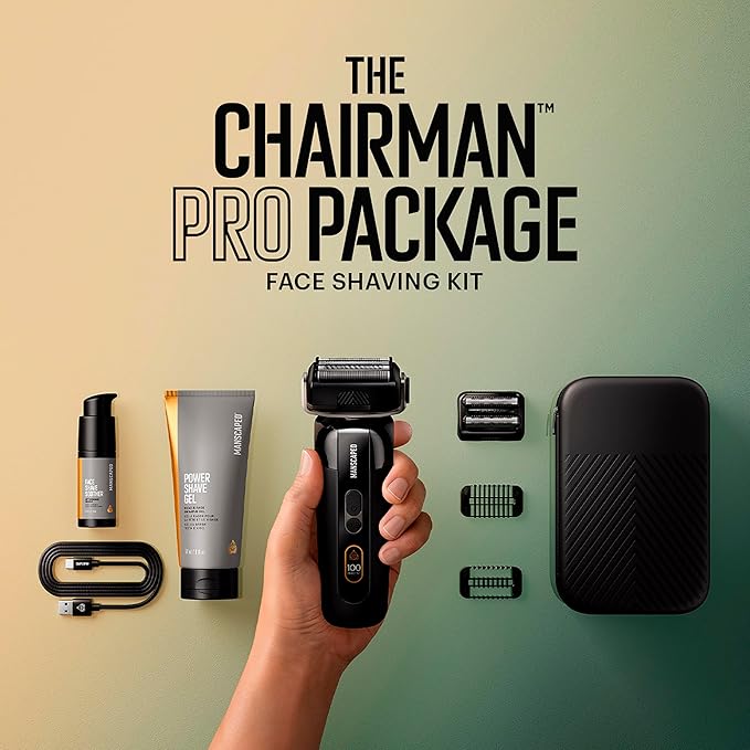MANSCAPED® The Chairman™ PRO Package - Men’s Electric Face Shaver with Two Interchangeable Blades SkinSafe® Four-Blade Foil &amp Stubble Trimmer Power Shave Gel Face Shave Soother Aftershave