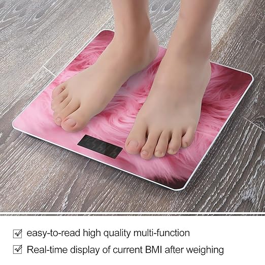 Pink Velvet Furry Textured Pattern Scale for Body Weight Precision Bathroom Weighing Scales with Back Lit LCD Display Sturdy Tempered Glass Body Weight Scales Digital Bathroom Scale 400lb