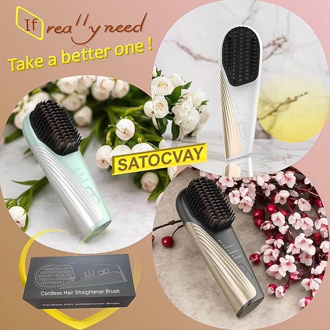 Go Brush Pro Cordless Hair Straightener Brush - Portable Travel-Friendly 30s Quick Heat 10000mAh USB-C Rechargeable 150M Negative Ions (White(10000mAh))