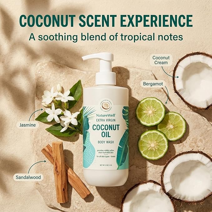 NATURE WELL Extra Virgin Coconut Oil Ultra-Moisturizing Body Wash Gentle &amp Creamy Formula Packed with Antioxidants Vitamins A C &amp E &amp Squalane Provides Gentle Cleansing &amp Intense