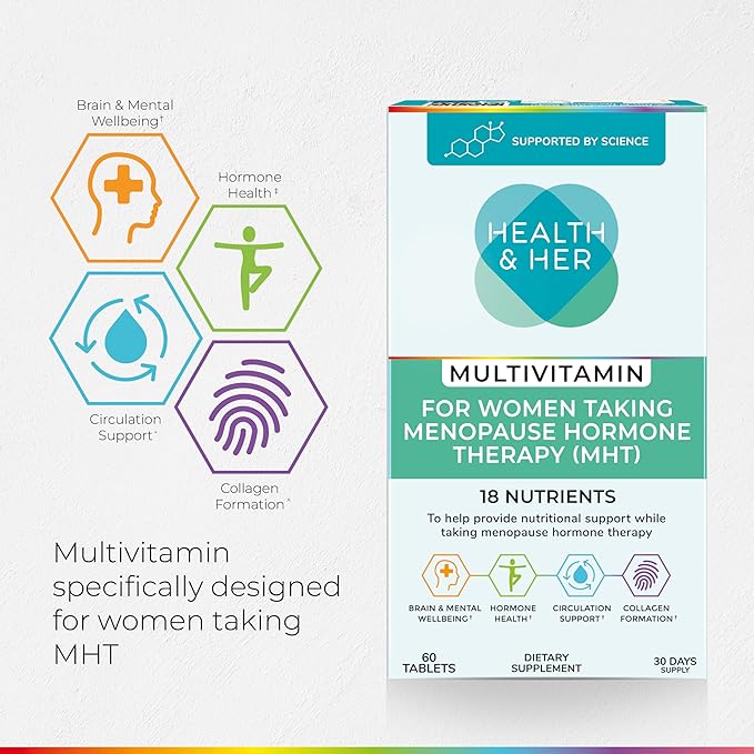 Health &amp Her Multivitamin for Women Taking Menopause Hormone Therapy (MHT/HRT) - Supplements for Women - Nutrition and Wellbeing Support - 1 Month Supply 60 Tablets - Vegan &amp Gluten Free