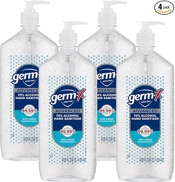 Germ-X Advanced Hand Sanitizer Less Drying Moisturizing Clear Gel No Rinse Formula Large Family Size Pump Bottle 34 Fl Oz (1 Liter) (Pack of 4)