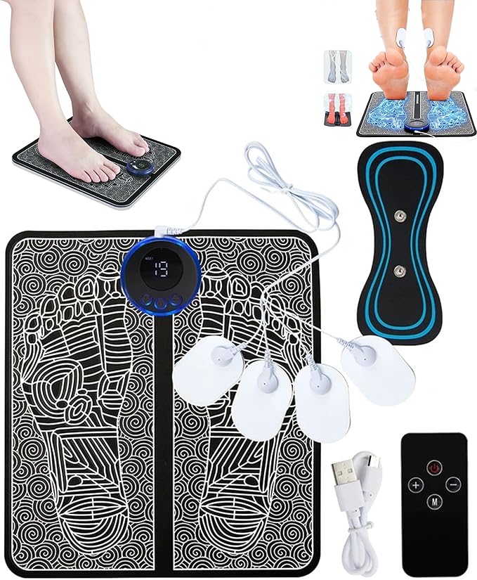 Advanced EMS Foot Massager Plate with Remote Control - 8 Massage Modes 19 Intensity Levels Auto Shut-Off &amp USB Rechargeable for Muscle Relaxation &amp All-Night Comfort