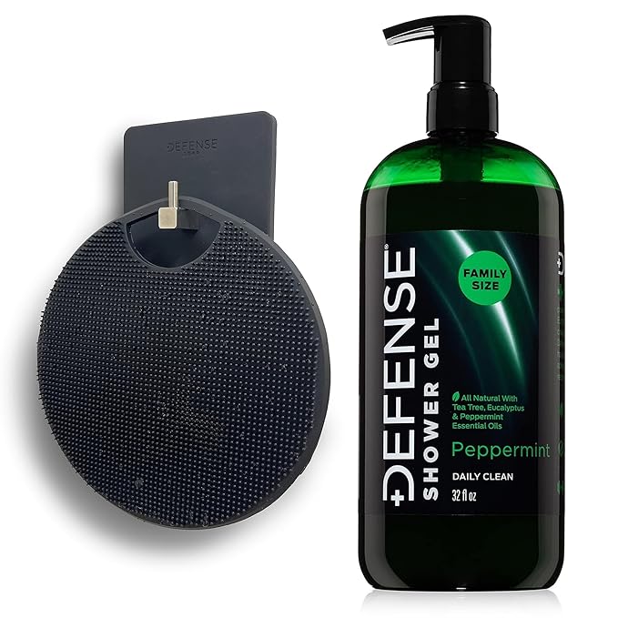 Defense Soap Peppermint Body Wash 32 oz with Tea Tree &amp Eucalyptus Oils + Silicone Body Scrubber &amp Shower Hook | Natural Antifungal Shower Gel &amp Exfoliating Set for Athletes and Active Lif