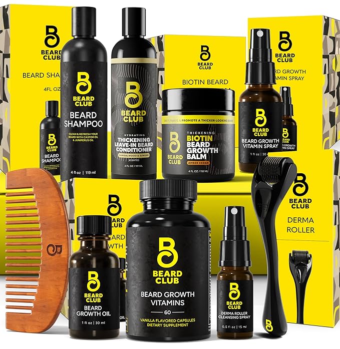 The Beard Club Supreme Beard Growth Kit - Derma Roller Growth Oil Vitamins Vitamin Spray Biotin Balm Thickening Conditioner Shampoo Comb &amp Cleansing Spray - Gift Set