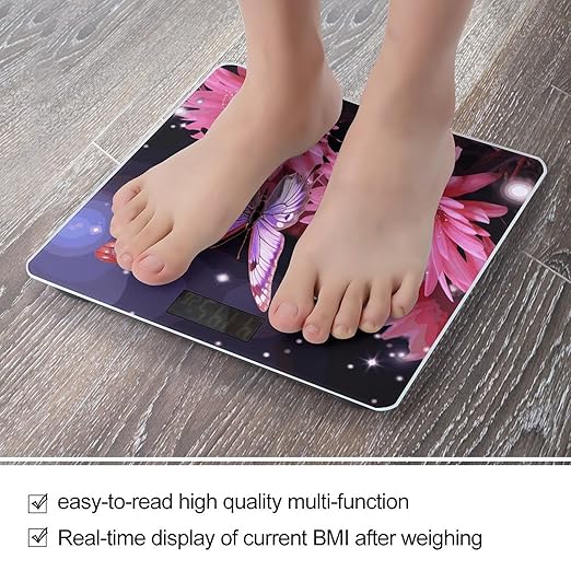 Pink Flower Purple Butterfly Scale for Body Weight Anti-Slip Digital Bathroom Scale Sturdy Toughened Glass Weighing Scales High Precision Safe Rounded Corners Smart Scales