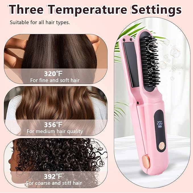 Cordless Hair Straightener Brush Portable Travel Hair Straightener 2 in 1 Cordless Mini Rechargeable Flat Iron &amp Hair Straightener Brush with Dust Cover Digital Display (Pink)