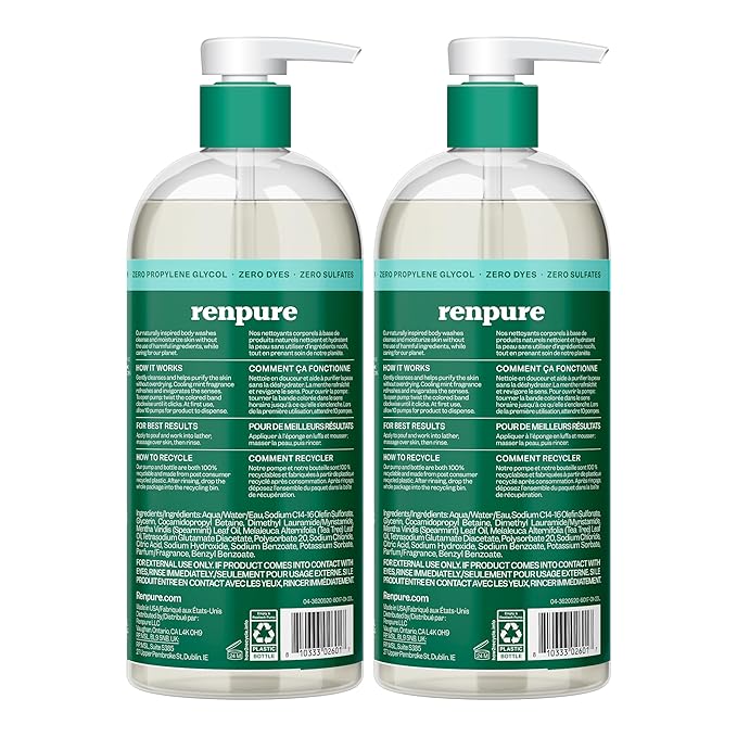 RENPURE Tea Tree &amp Mint Body Wash - Cleanses Invigorates &amp Refreshes Skin Without Over-Drying - For All Skin Types - Tea Tree Leaf Oil Spearmint Leaf Oil - 24 Fl Oz each2 Count (Pack of 2)