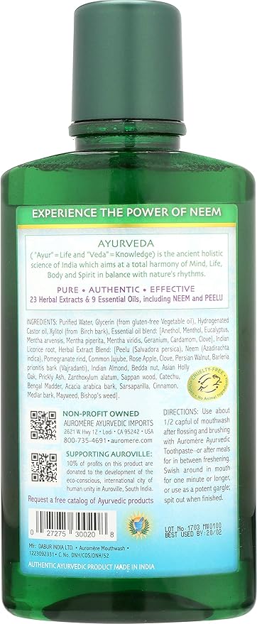 Auromere Ayurvedic Natural Mouthwash for Adults &amp Kids - Alcohol Free Mouthwash for Bad Breath Fluoride Free Neem Oral Rinse Support for Teeth Gums &amp Fresh Breath Vegan Non-GMO- 16 Fl Oz