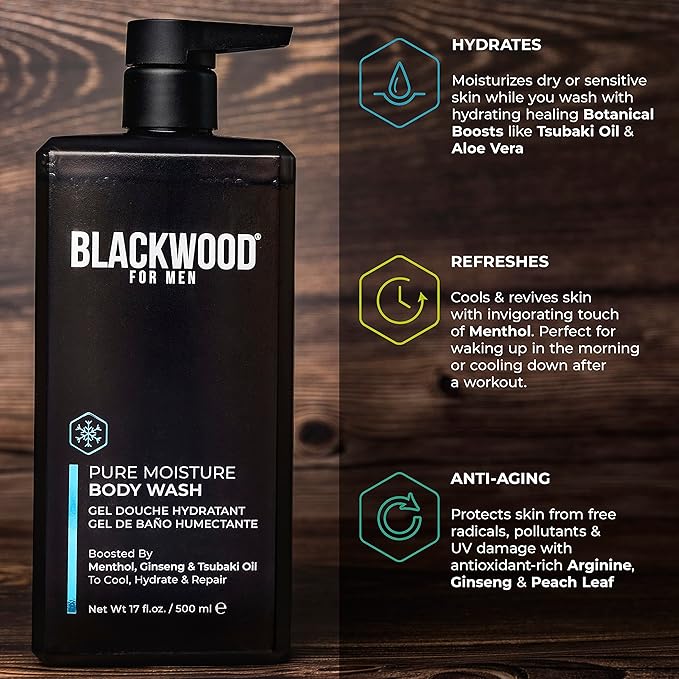 BLACKWOOD FOR MEN Active Man Daily Conditioner (17oz) and Pure Moisture Body Wash (17oz) Bundle - Natural Vegan Formula - Sulfate Free Paraben Free &amp Cruelty Free