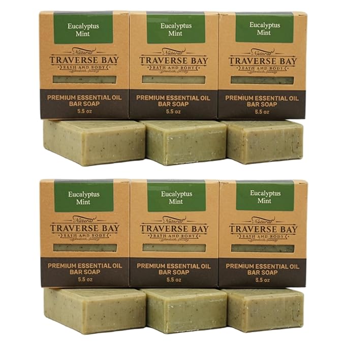 Traverse Bay Bath and Body Eucalyptus Mint Natural Cold Process Soap Essential Oil Based Cooling Eucalyptus and Peppermint 6 Bars 33+ oz