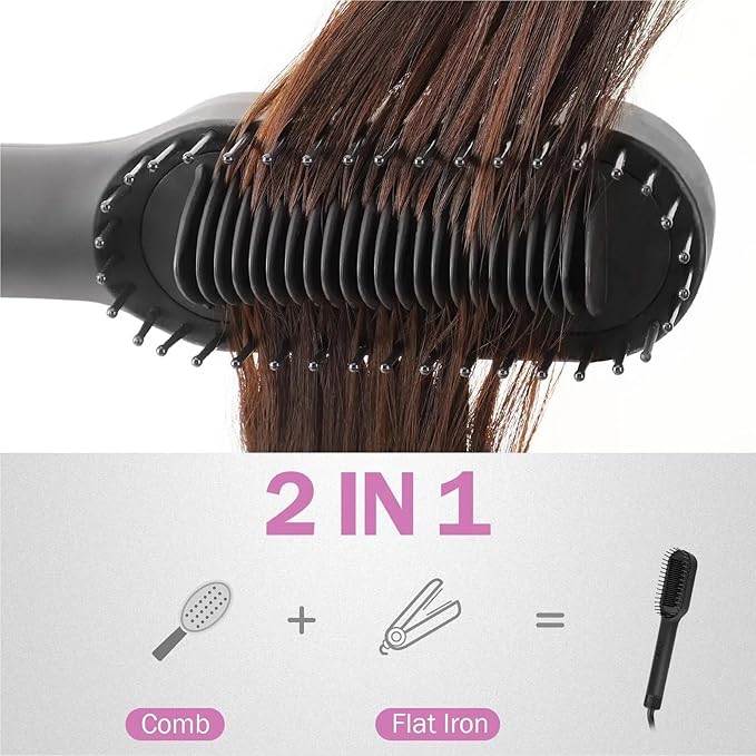 Negative Ions Hair Straightener Brush - 2 in 1 Fast Heating Anti-Scald &amp Anti-Heat Damage Hair Styling Tool - Black Rose Red(Gray)