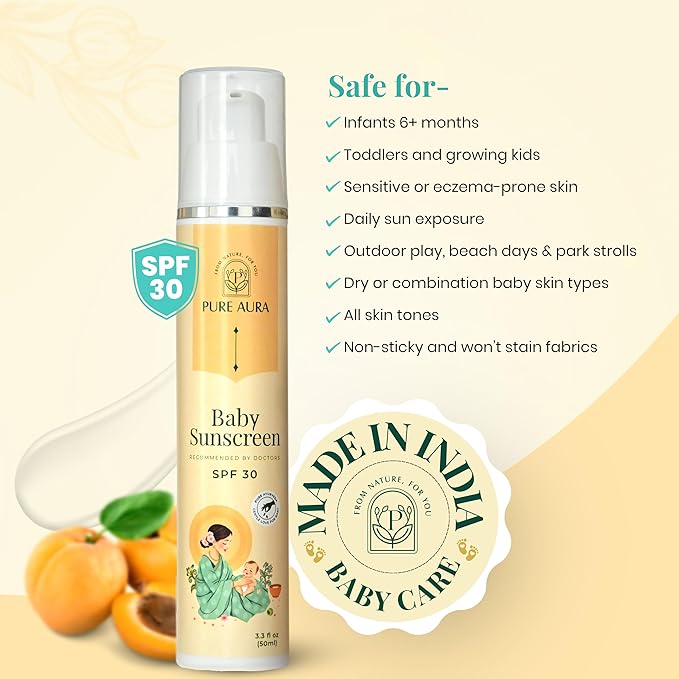 Pure Aura Baby's 3-in-1 Protection Kit Ayurvedic SPF 30 Sunscreen Tear-Free Wash and Shampoo Natural Care for Delicate Skin