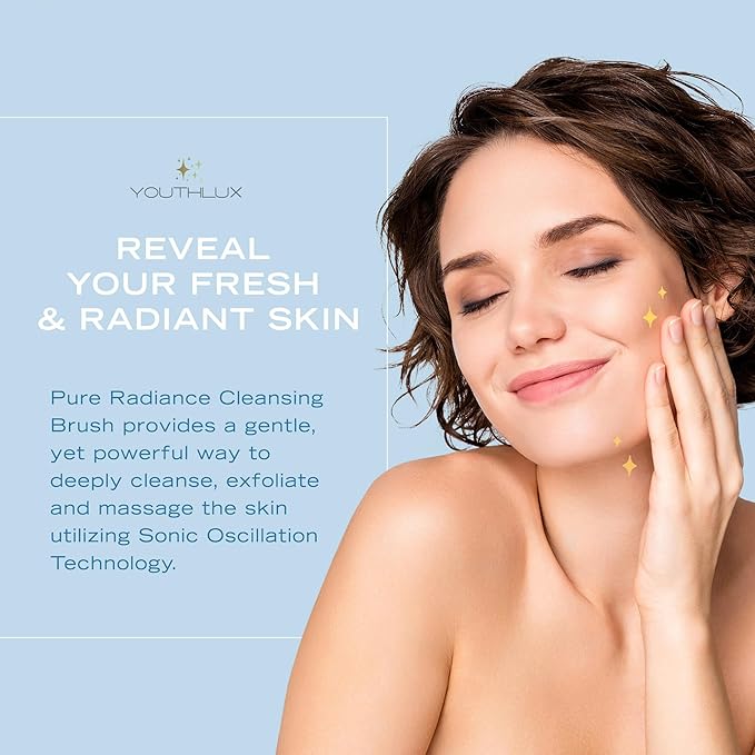 YouthLab Pure Radiance Vibrating Facial Cleansing Brush Electric 3 Modes 3 Brush Heads (2 Bristle1 Silicone) Waterproof Rechargeable Smart Timer Exfoliating Massage (Silver)