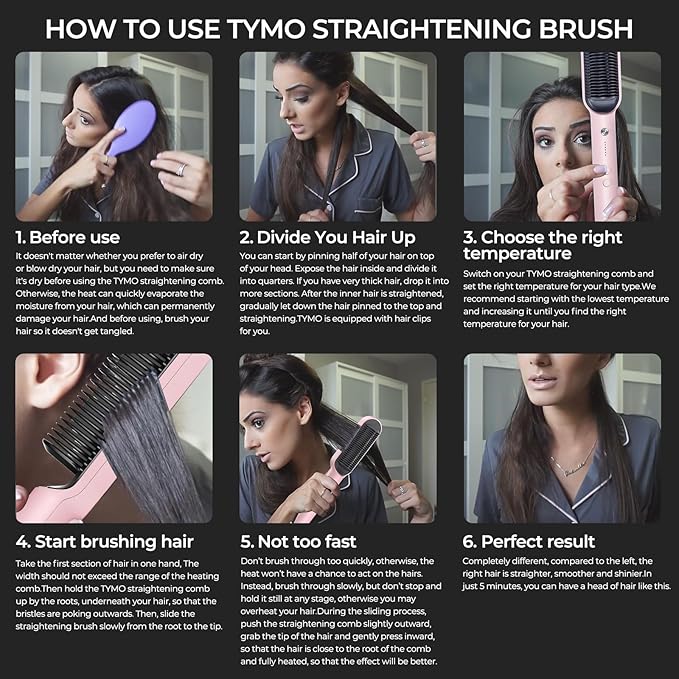TYMO Ring Hair Straightener Brush – Hair Straightening Iron with Built-in Comb 20s Fast Heating &amp 5 Temp Settings &amp Anti-Scald Perfect for Professional Salon at Home Sakura Pink