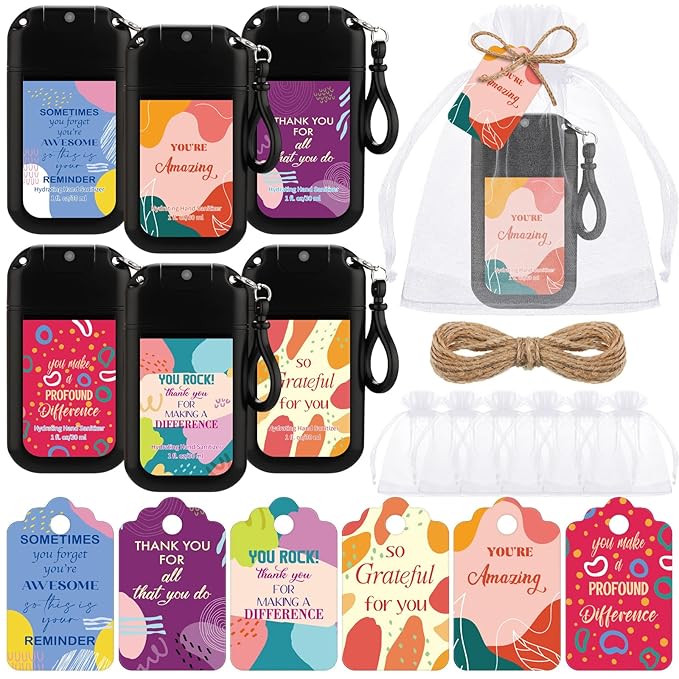 Frienda 24 Set Travel Size Hand Sanitizer Spray Bulk Portable Power Mist Thank You Mini Hand Sanitizer Employee Appreciation Day Gifts for Teacher Coworker Team Women's Day (KeychainBlack)