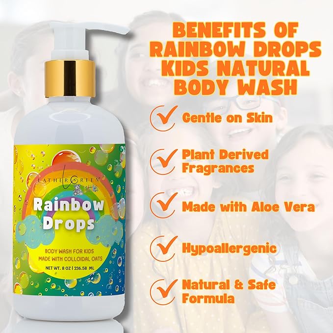Kids Body Wash – Plant Based Gentle Moisturizer with Shea Butter – Safe for Sensitive Skin – Rainbow Drops – 3 Pack (8 oz Each)