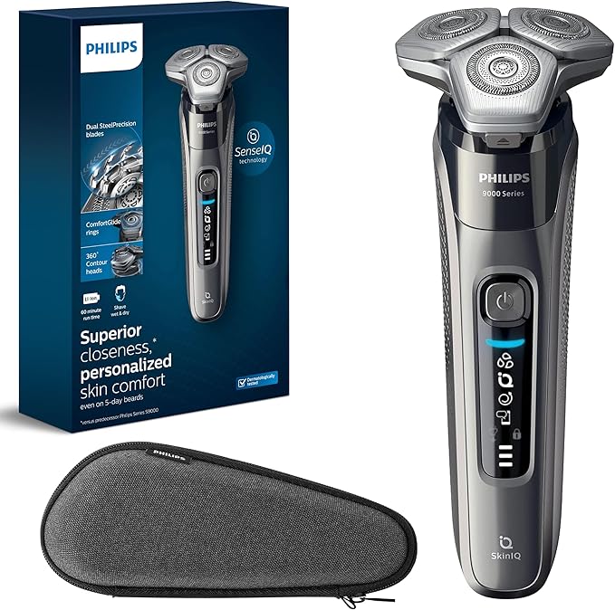 Philips Rechargeable Wet/Dry Electric Shaver Series 9000 with SenseIQ and Comfort Glide Ring Technology Battery Powered Silver
