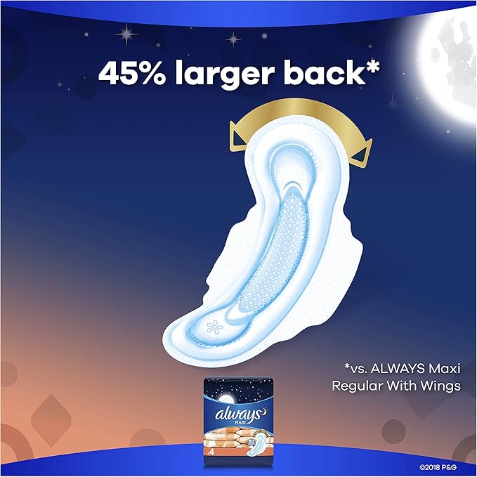 Always Maxi Size 4 Overnight Pads for Women with WingsUnscented 14 Count - Pack of 4 (56 Count Total)
