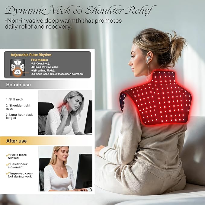 Wearable Red Light Therapy Wrap 3.0 for Neck and Shoulder – 660nm and 850nm LED Infrared Heating Pad with 288 LEDs Deep Warming Muscle Comfort Adjustable Timing Relaxing Neck Device for Home Use