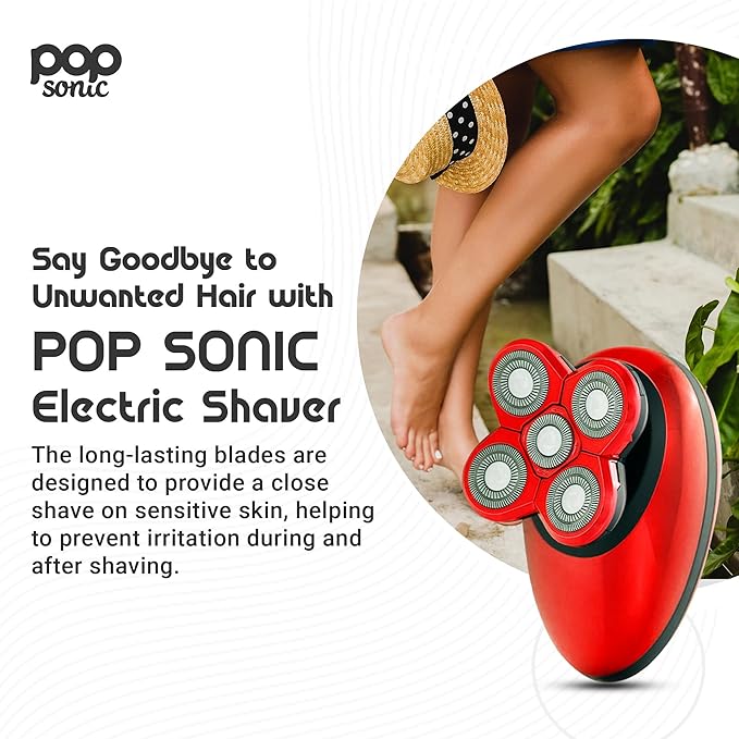 Pop Sonic 5-Head Electric Shaver Kit - Unisex (Red) Shaver for Face Head &amp Body - Smooth Waterproof USB Rechargeable Trimmer with 360-Degree Precision Cut Heads for Men &amp Women