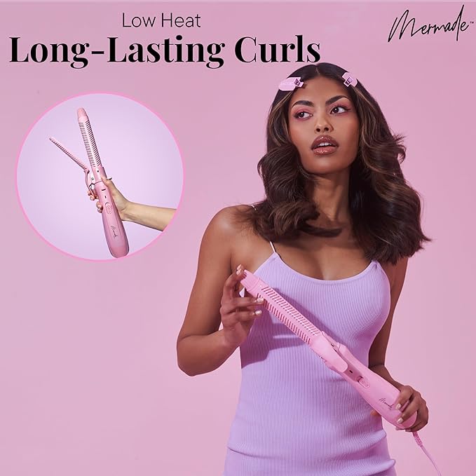 Mermade Hair Aircurl Curling Iron - 1.25 Inch Ceramic Barrel with Clamp Hair Curler for Long Medium &amp Short Hair Ionic Technology Lower Heat Temperatures for Healthier Hair Styling - 1.25 P