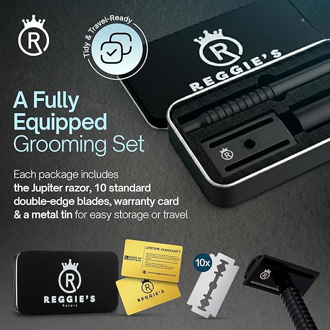 Reggie’s Razors Jupiter Aluminum Safety Razor for Men - Double Edge Shaving Razor CNC-Machined - Made in UK - Aerospace Grade Textured Grip Suitable All Skin Types - Includes 10 Blades – Black