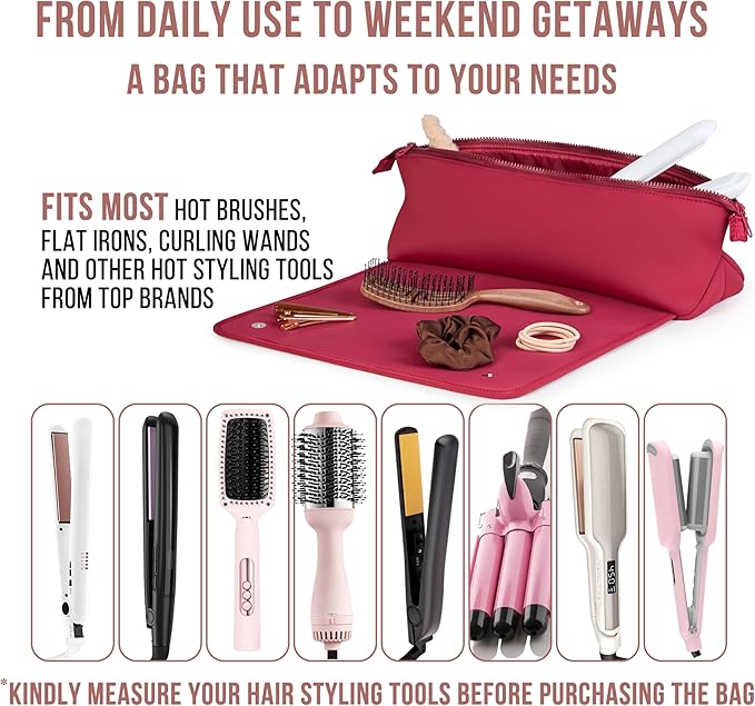 BAREFOOT CARIBOU Hair Tools Travel Bag and Heat Resistant Mat for Flat Irons Straighteners Curling Iron and Haircare Accessories 2-in-1 design with Interior Pockets Portable Organizer