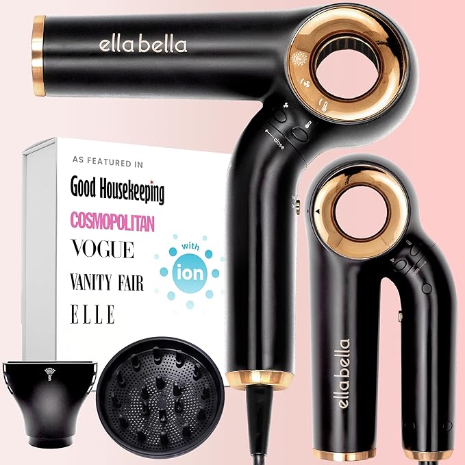 ELLA BELLA® Professional Ionic Hair Dryer (Foldable) • Negative Ion Blow Dryer • Perfect for Travel • Intelligent Heat Control &amp Rapid Drying Speeds • Lightweight Design • Low Noise Technology