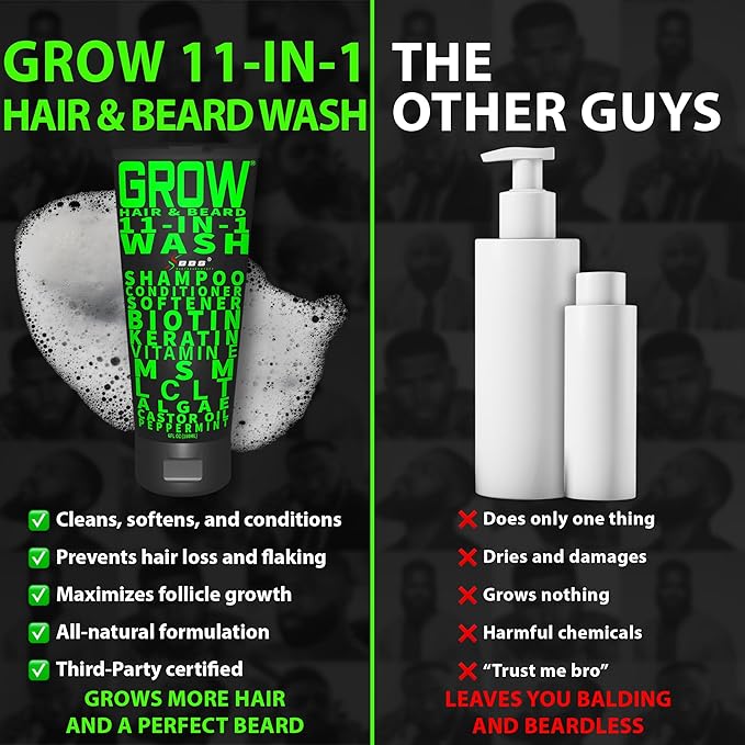 Beard Growth Kit w/GROW XXL Beard Serum for Maximum Facial Hair &amp Conditioner + GROW 11-in-1 Mens Shampoo &amp Conditioner (Hair Growth Shampoo for Men w/Biotin) - Formulated in America