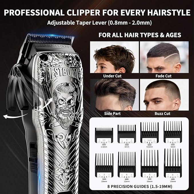BESTBOMG Professional Cordless Mens Hair Clippers &amp Beard Trimmer Kits &amp SetsMetal Hair Clippers Cutting Grooming Kit with Long Battery Life for Family Barber Use (Gray)