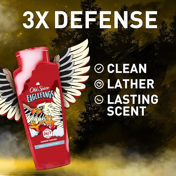 Old Spice Cleansing Body Wash for Men 3X Defense 24/7 Shower Fresh with Lasting Scent 2-in-1 Body &amp Face Wash Eaglefangs with Fresh Cloud Scent 24 oz (Pack of 4)