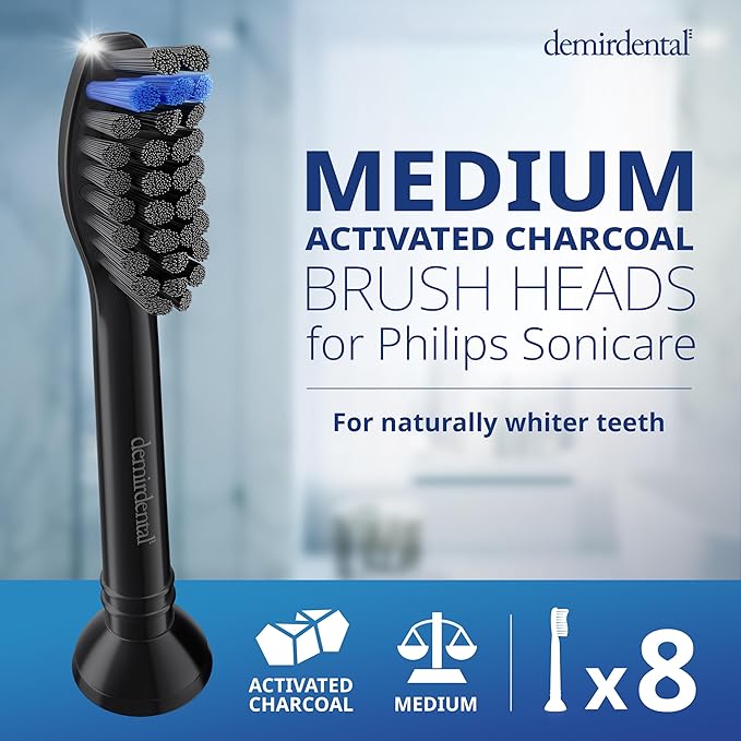 demirdental Active Charcoal Medium Replacement Brush Heads Compatible with Philips Sonicare – Black Toothbrush Heads for Natural &amp Precision Cleaning – Replaces HX9058MB – 8 Pack