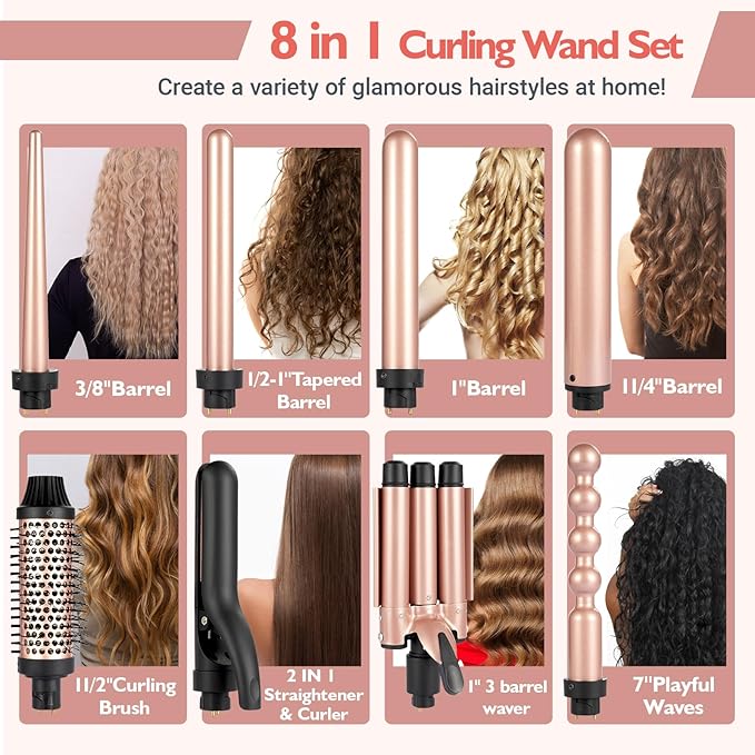 Ideal Swan 8 in 1 Curling Iron Set with Interchangeable Ceramic Curling Wand Thermal Brush &amp Flat Iron (0.35-1.25”) – Professional Hair Curler Kit for Waves Curls &amp Sleek Styles Gifts for