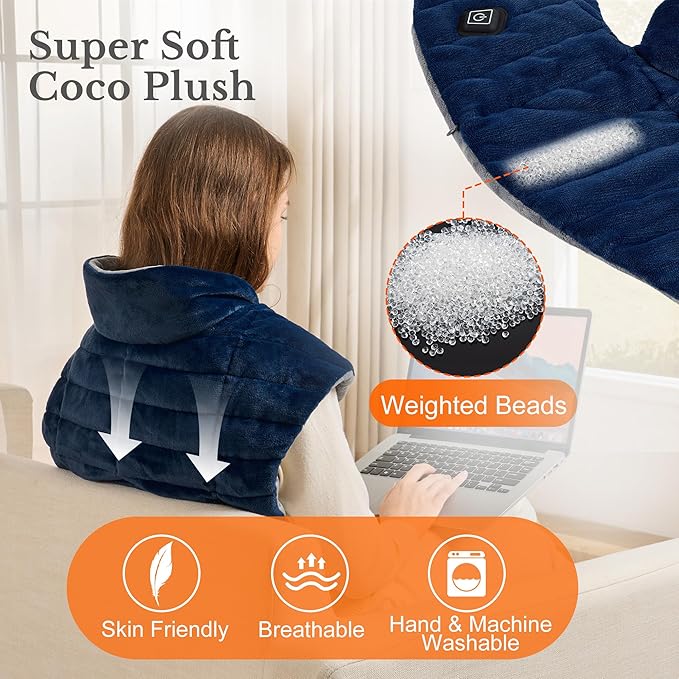 Portable Cordless Heating Pad for Neck Shoulders &amp Back - Rechargeable Battery Operated Heating Pad with 3 Heat Settings Birthday Gift for Women Weighted Neck Warmer for Pain Relief (Navy Blue)