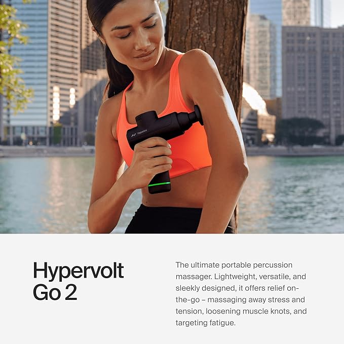 Hyperice Hypervolt Go 2 - Black - Featuring Quiet Glide Technology - Handheld Percussion Massage Gun - 3 Speeds 2 Interchangeable Heads - Helps Relieve Sore Muscles and Stiffness