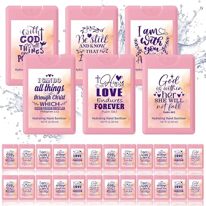 Frienda 24 Pcs Christian Gifts for Women Travel Size Hand Sanitizer Spray Bulk Mini Power Mist Religious Inspirational Gift for Baptism Christian Church Group Women's Day Easter Party Favor(Cute)