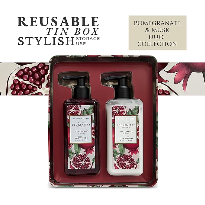 Pecksniff's Body Care Duo Tin Box – Enchanted Pomegranate &amp Musk 300ml Body Wash and 300ml Body Lotion Gift Set Luxury Skincare Collection with Reusable Tin Hydrating &amp Nourishing Daily Care
