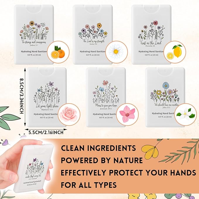 Frienda 24 Pcs Christian Gifts for Women Travel Size Hand Sanitizer Spray Bulk Mini Power Mist Religious Inspirational Gift for Baptism Christian Church Group Women's Day Easter Party Favor(Stylish)