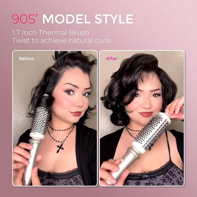 TYMO 2.0 Thermal Brush Curling Brush - STYLUX 1.7 Blowout Volumizer with Flexi-Fit for Hair Straightening Heated Round Styler Tool Hair Straightener and Curler 2 in 1 Dual Voltage &amp Light Gol