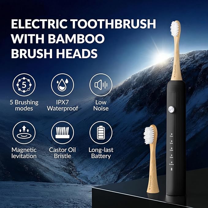 Bamboo Electric Toothbrush for Adults Electric Toothbrush with 4 Bamboo Heads Soft Castor Oil Bristles 5 Modes Smart Timer Sonic Technology IPX7 Waterproof 70-Day Battery Life-Black
