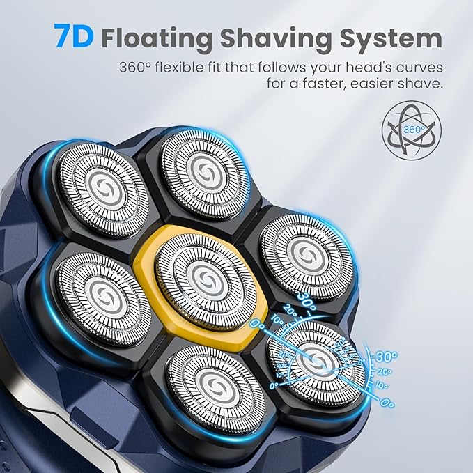 Phisco Electric Head Shaver for Bald Men Cordless Shaver with Travel Case USB-C Fast Charging Waterproof Rotary Razor Wet/Dry Use